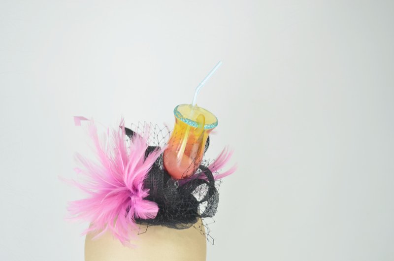 Fascinator Headpiece Cocktail Drink with Straw Tropical Colours, Feathers, Veil - Hair Accessories - Other Materials Pink