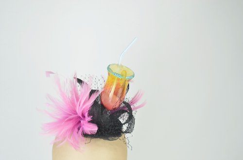 Elle Santos Fascinator Headpiece Cocktail Drink with Straw Tropical Colours, Feathers, Veil
