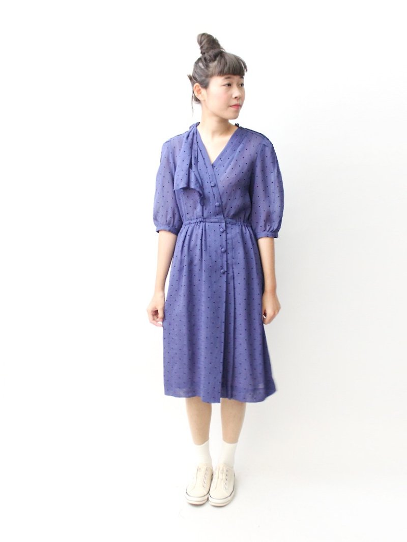 [RE0322D1062] classic retro purple little short-sleeved V-neck dress spring and summer vintage - One Piece Dresses - Polyester Purple