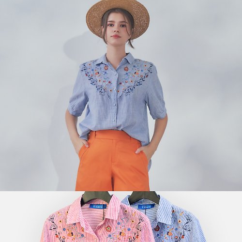 MEDUSA LADY 【MEDUSA】繡花民族風長版襯衫-2色 (F) | 女上衣 長版上衣 短袖