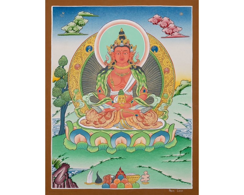 Serene Longevity Amitayus Thangka, Artistic Beacon of Health and Prosperity, - Wall Décor - Other Materials Multicolor