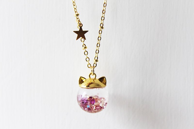 Rosy Garden cat shape with purple crystals water inside glass ball necklace - สร้อยติดคอ - แก้ว สีม่วง