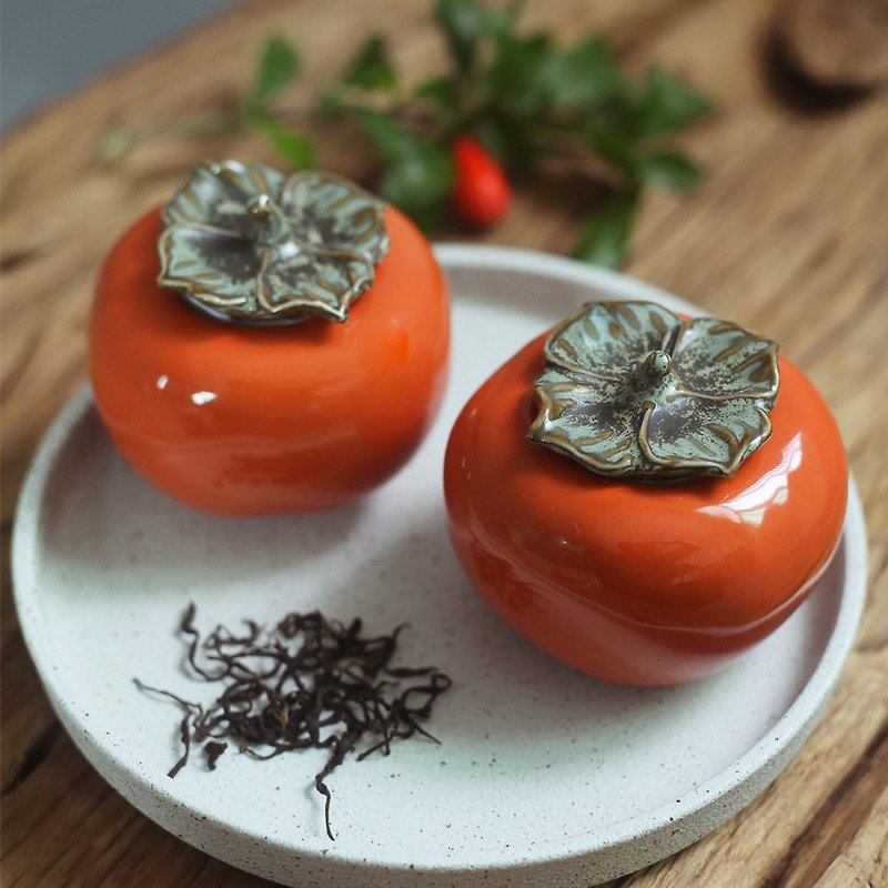 柿柿如意茶葉罐  高溫陶瓷  柿子造型  新年禮物 - 茶具/茶杯 - 瓷 橘色
