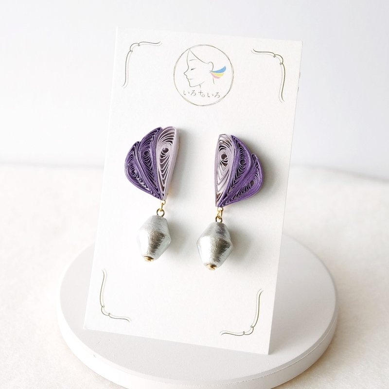 Wing and Large Cotton Pearl Earrings / Light weight Paper Jewelry - ต่างหู - กระดาษ สีม่วง