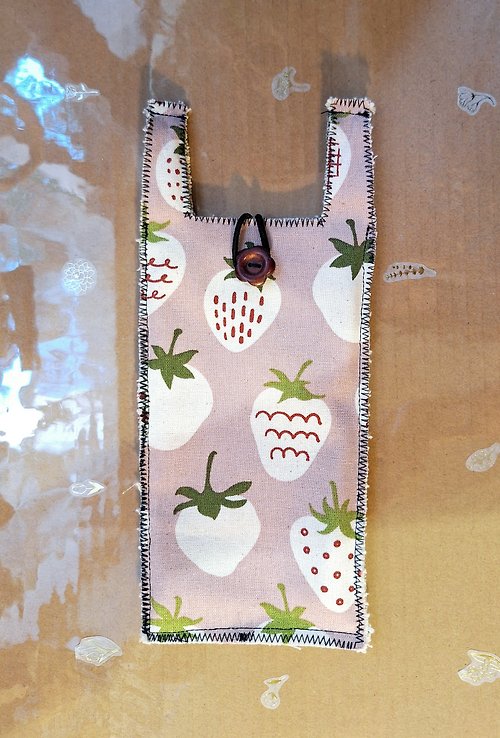 幸會 繡 文創設計 手作印花棉手機袋-草莓