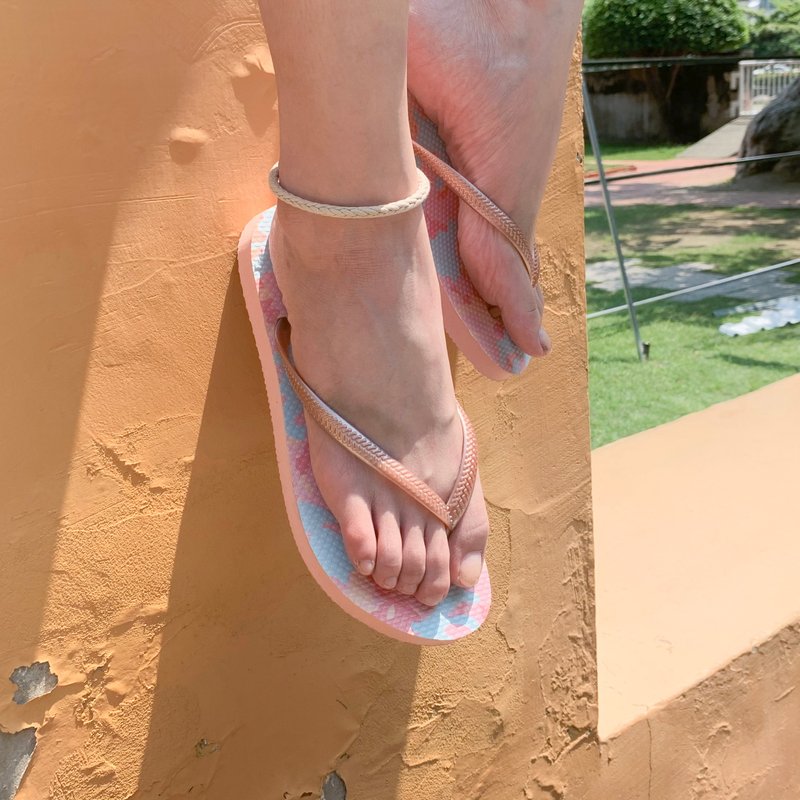 女生軍工裝平底夾腳拖鞋 軟Q止滑耐磨人字拖鞋 -粉藍迷彩拖鞋- - 拖鞋 - 橡膠 多色