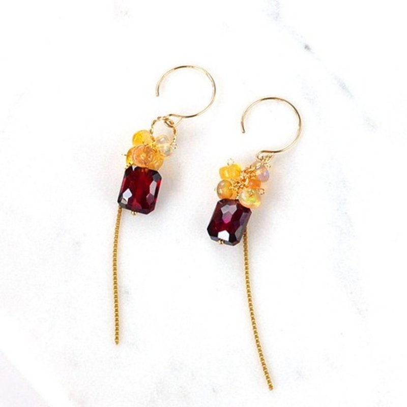 14kgf/レッドガーネット Faceted Octagon xプレシャスオパールピアス - 耳環/耳夾/耳骨夾 - 寶石 