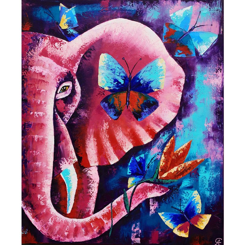 Pink Elephant Painting Animal Original Art Butterflies Artwork Nursery Decor - โปสเตอร์ - วัสดุอื่นๆ สีม่วง