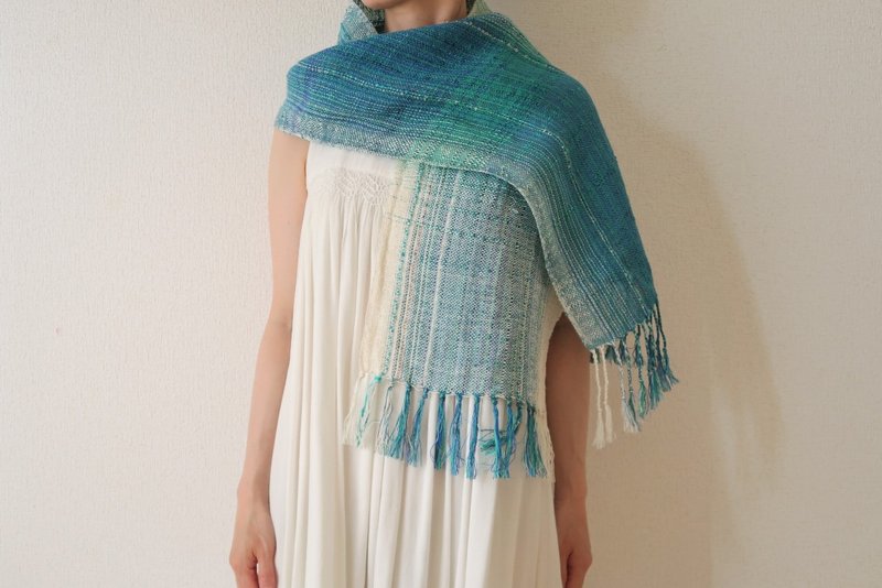 手織りストール　リネンコットン　湧水　タペストリー　ギフト　Shawl (S) 65 - 絲巾 - 棉．麻 綠色
