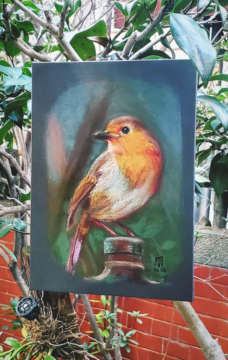 Unframed original painting of spring robin - โปสเตอร์ - กระดาษ สีนำ้ตาล