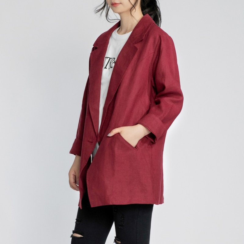 Pure linen burgundy casual jacket [CONTRAST card 偌诗] - เสื้อแจ็คเก็ต - ผ้าฝ้าย/ผ้าลินิน 