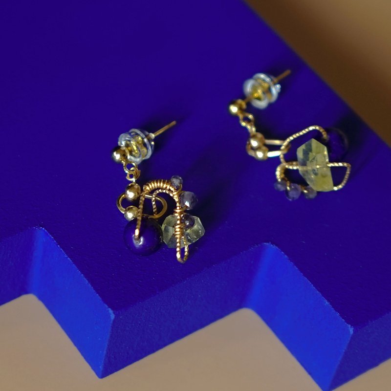 Special-shaped geometric composition lapis lazuli lemon crystal cordierite earrings made in the United States with 14K gold injection - Earrings & Clip-ons - Other Metals Blue