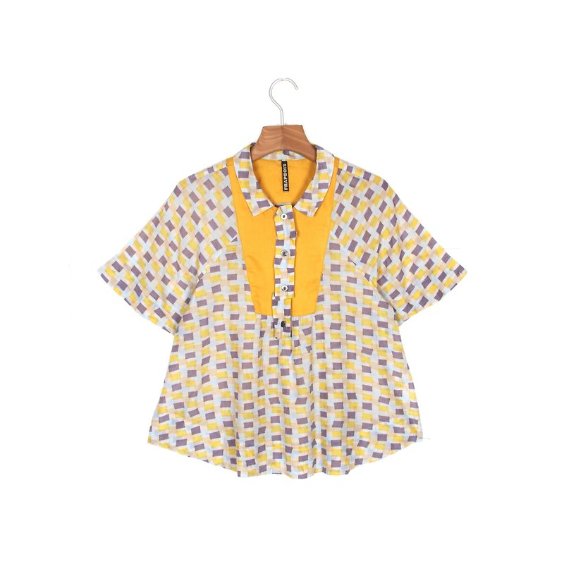 [Egg Plant Vintage] Summer Color Printed Short Sleeve Vintage Shirt - เสื้อเชิ้ตผู้หญิง - เส้นใยสังเคราะห์ สีเหลือง