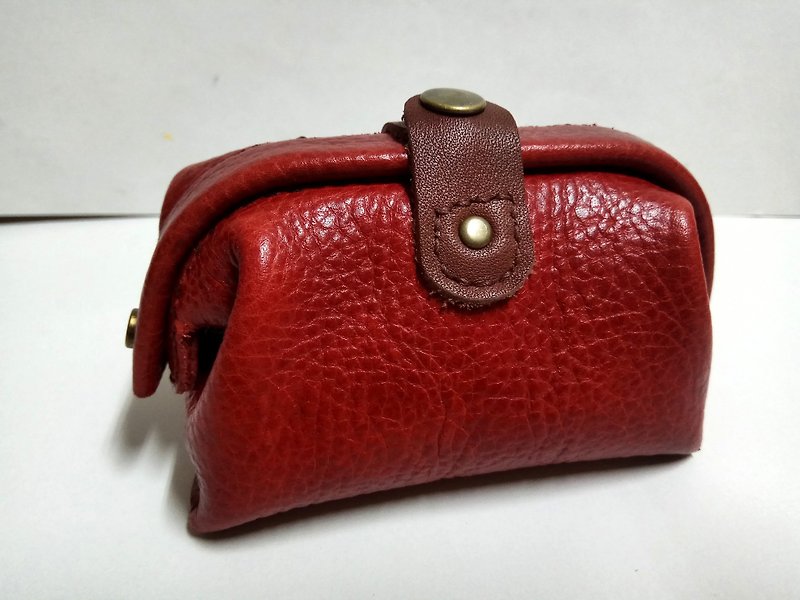 Red leather embossed mini mouth gold coin purse - กระเป๋าใส่เหรียญ - หนังแท้ สีแดง