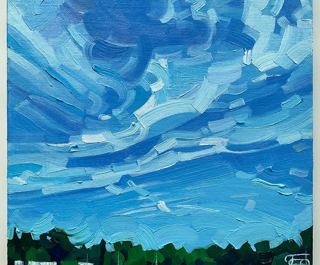 青空を描いた抽象的な原画 キャンバスパネルに油彩 - ショップ 