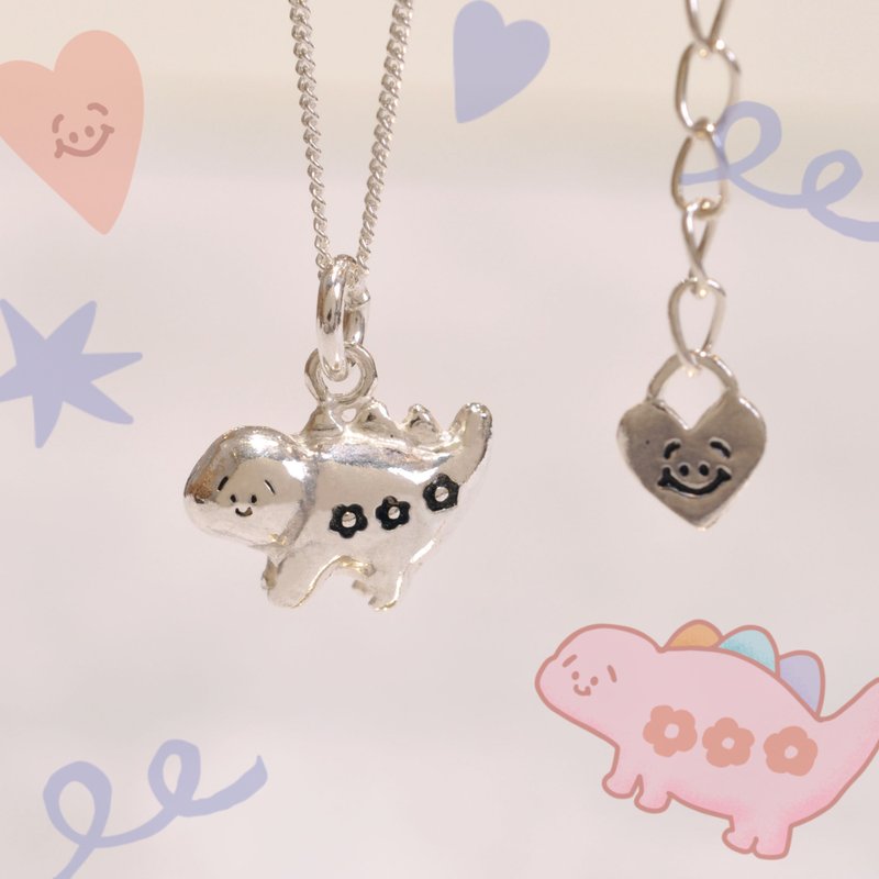 Er Mao Silver x Fleshy Characters - [Little Flower Stegosaurus - Necklace] - สร้อยคอ - เงินแท้ สีเงิน