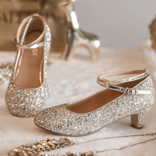ANG&JON 淺金色女童格麗特公主宴會鞋高跟鞋閃光亮色鞋子