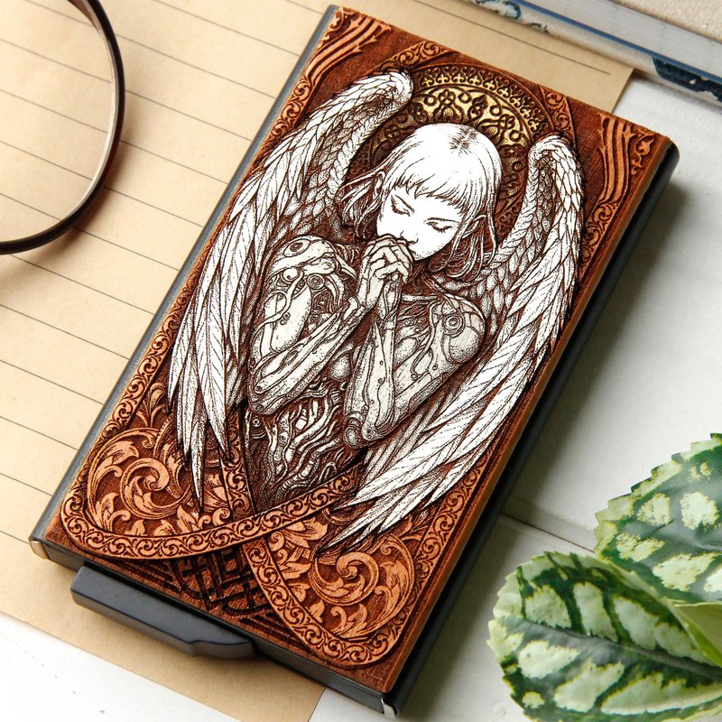 Cyber Angel -  Wooden card holder with laser engraving + hand painting - 名片夾/名片盒 - 木頭 咖啡色