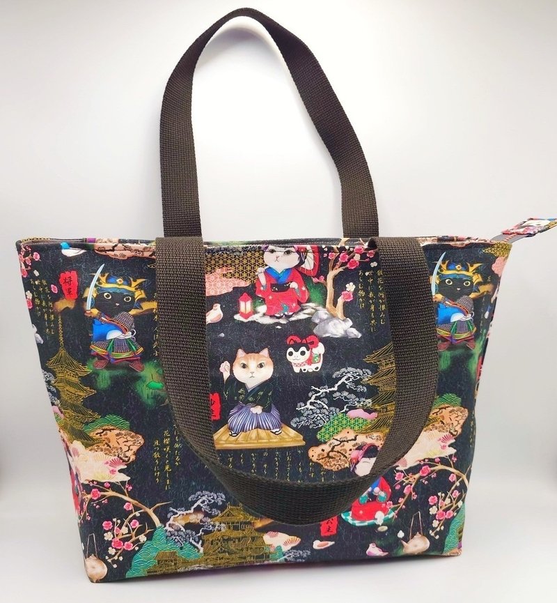 สีดำ Edo Samurai Cat กระเป๋าถือความจุขนาดใหญ่กระเป๋าสะพายไหล่ Tote Bag กระเป๋าช้ - กระเป๋าถือ - ผ้าฝ้าย/ผ้าลินิน สีดำ