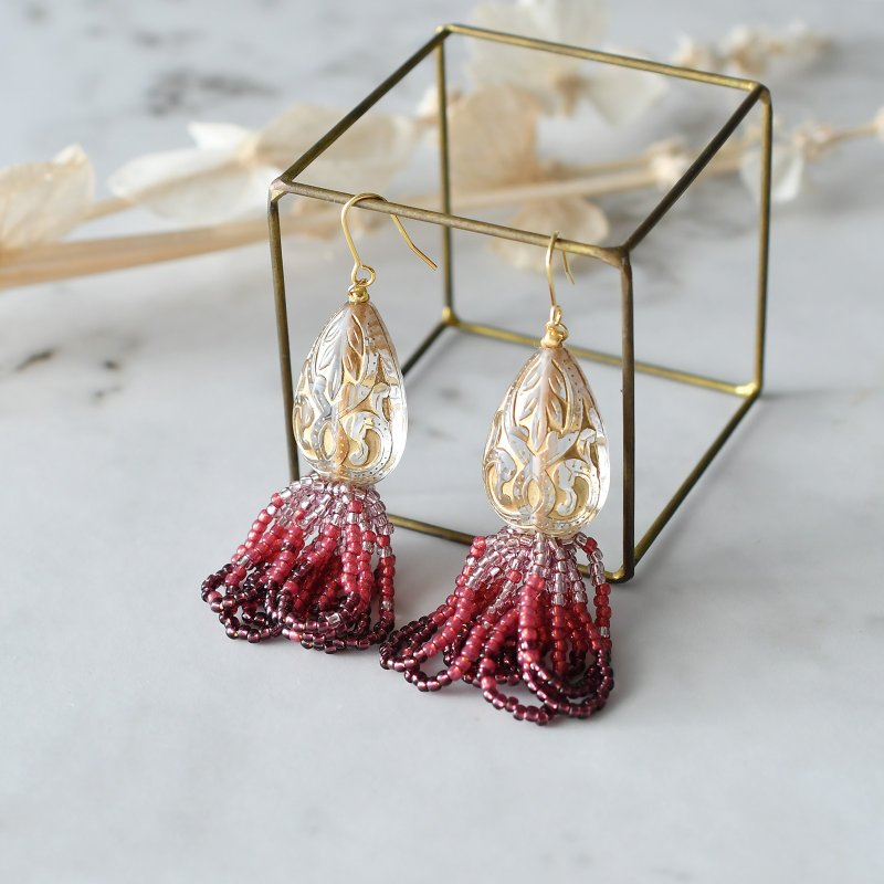 Gradient Bead Tassel Earrings/ Wine Red - Earrings & Clip-ons - Other Materials Purple