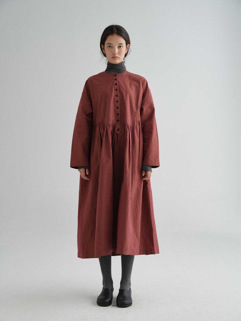 色織匹馬棉光澤感秋冬棗紅長袖連衣裙洋裝 - 洋裝/連身裙 - 棉．麻 多色