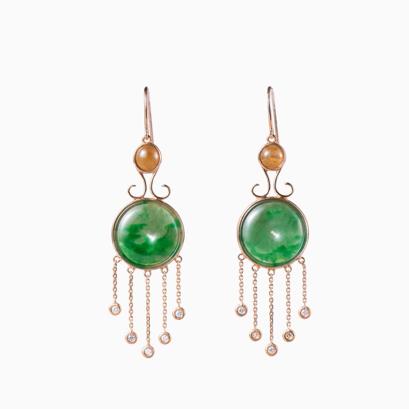 Green jadeite earrings with yellow jade and diamonds - ต่างหู - หยก สีเขียว