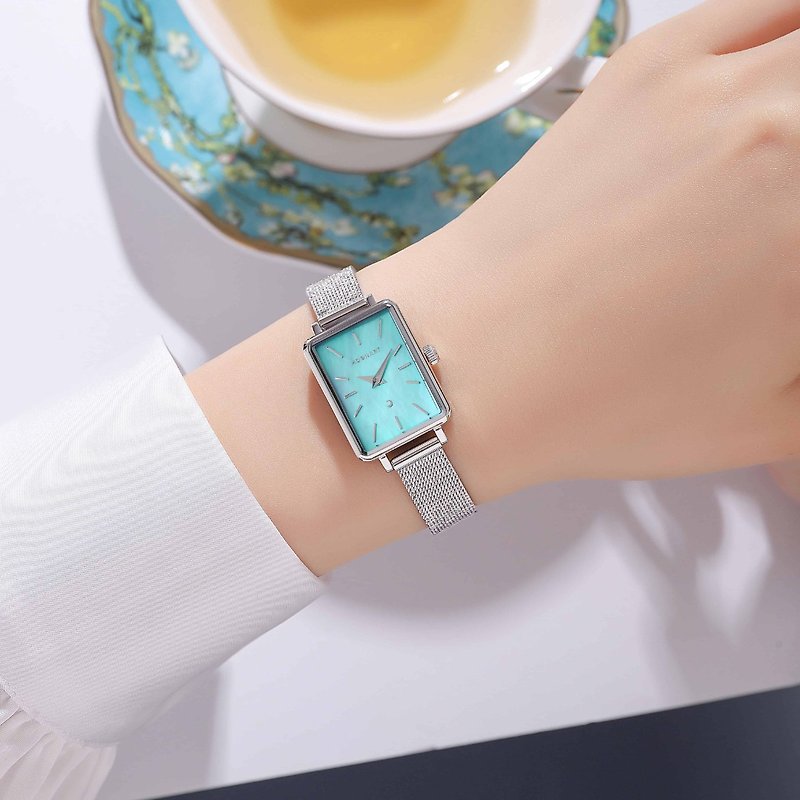 【MOONART】方型手錶 藝月系列-天藍+ 女裝手錶 珍珠貝藝術手錶 - 女錶 - 不鏽鋼 藍色