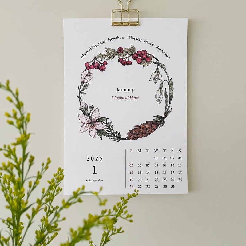 [2025 Wreath Wall Calendar] (A4, with gold clip) - Calendars - Paper Multicolor