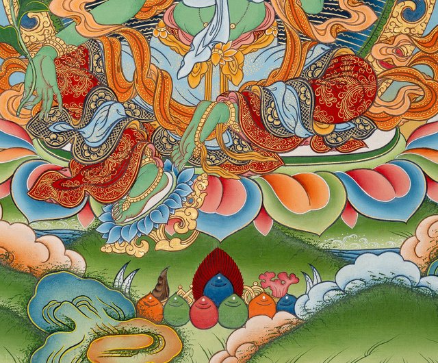 グリーンターラ　タンカペイント 緑多羅菩薩（グリーンターラ）[L]・タンカ（仏画）｜彩雲