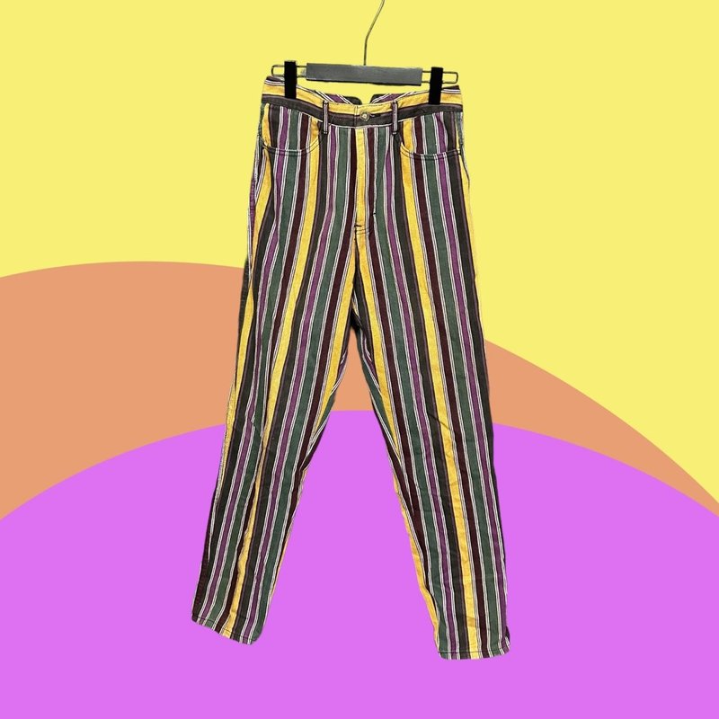 Second-hand CONTEMPO Hong Kong-made colorful striped denim straight high-waisted trousers CA405 - กางเกงขายาว - เส้นใยสังเคราะห์ หลากหลายสี