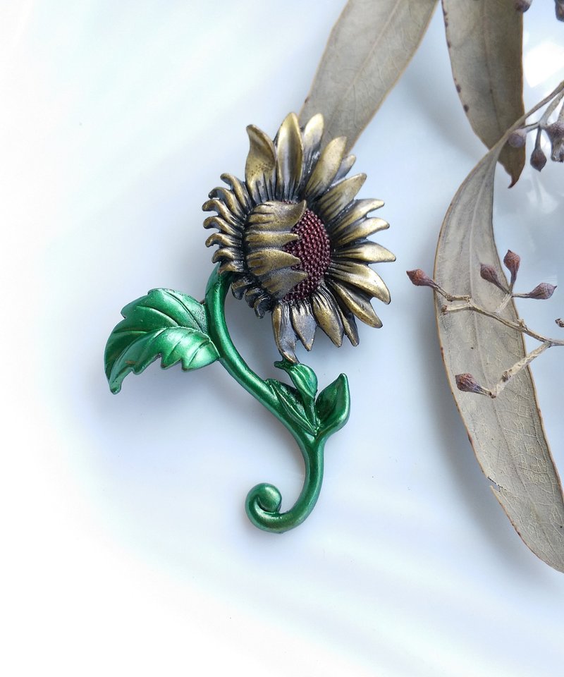 Vintage Jewelry 西洋古董飾品 復古藝術 DD 向日葵花朵 別針 - 徽章/別針 - 其他金屬 綠色