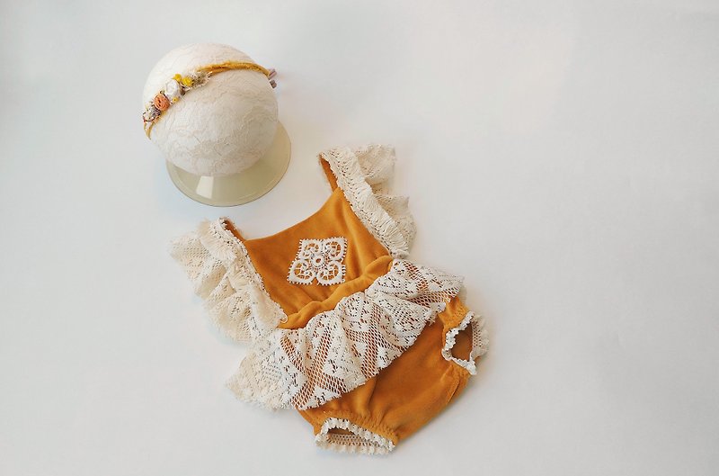 Newborn photography outfit - boho baby romper, boho headband, lace bodysuit, Lac - Baby Accessories - Other Materials Orange