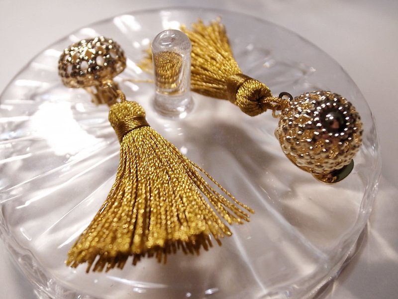 Bollywood tungsten basket empty mustard yellow ball with tassel clip earrings - Earrings & Clip-ons - Other Metals Yellow