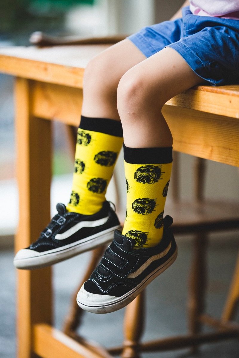 SLOW & LOW Pug Knight Children's Calf Socks (Yellow/White/Bright Pink) - ถุงเท้า - วัสดุอื่นๆ 