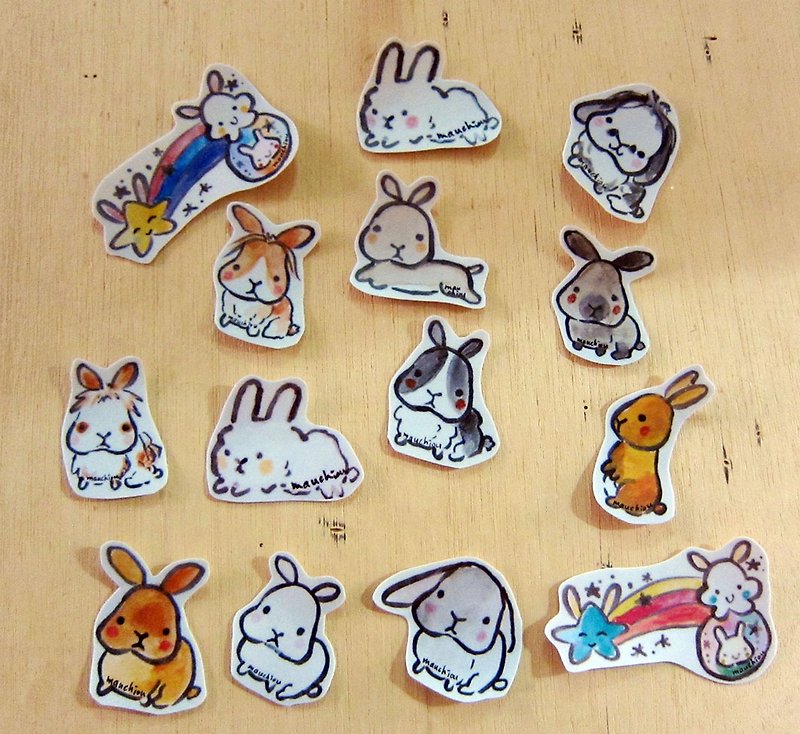 A large collection of hand-painted illustration style fully waterproof rabbit stickers, a total of 14 models - Stickers - Waterproof Material Multicolor