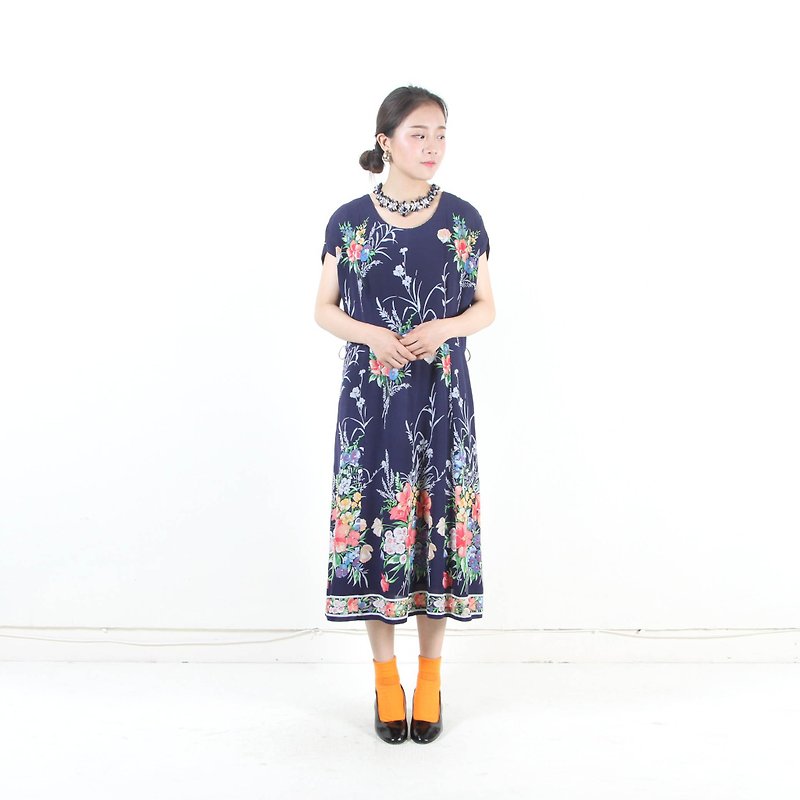 [Egg Plant Vintage] Lan Yu Hua Tu Printing Short Sleeve Vintage Dress - One Piece Dresses - Polyester Blue