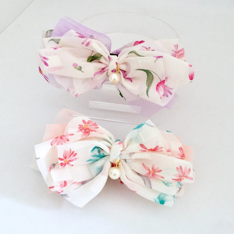 Contrasting color chiffon floral pearl bow hairpin ~ banana clip intersecting clip shark clip hairpin hair bundle - Hair Accessories - Other Materials Multicolor