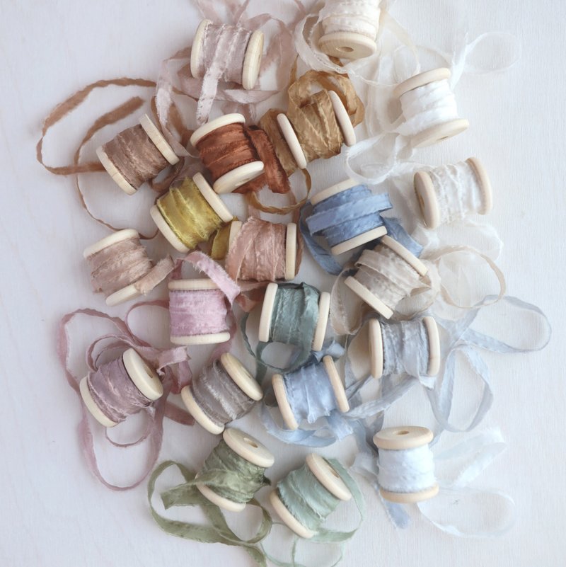 Silk Twine | Narrow Silk Ribbons on Wood Spool | Many Colors Available - วัสดุห่อของขวัญ - ผ้าไหม หลากหลายสี