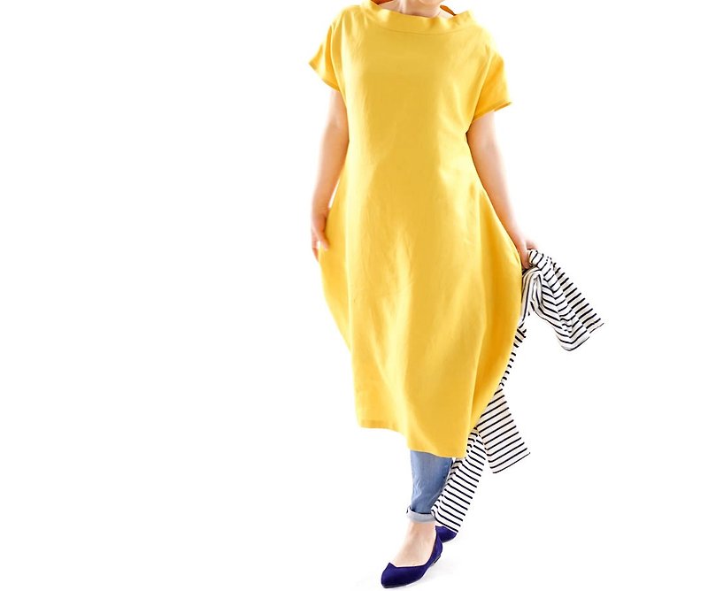 linen / linen dress / midi dress / loose fitted dress / unique style / a41-57 - ชุดเดรส - ผ้าฝ้าย/ผ้าลินิน สีเหลือง