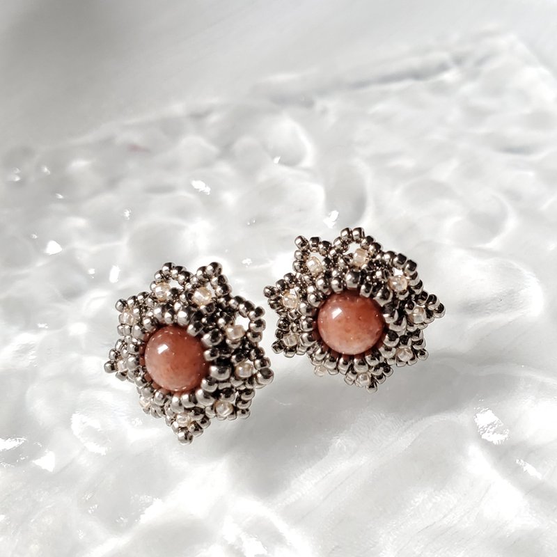 Flowering Part 3 - Blooming Stone Stud Earrings - ต่างหู - วัสดุอื่นๆ สีส้ม