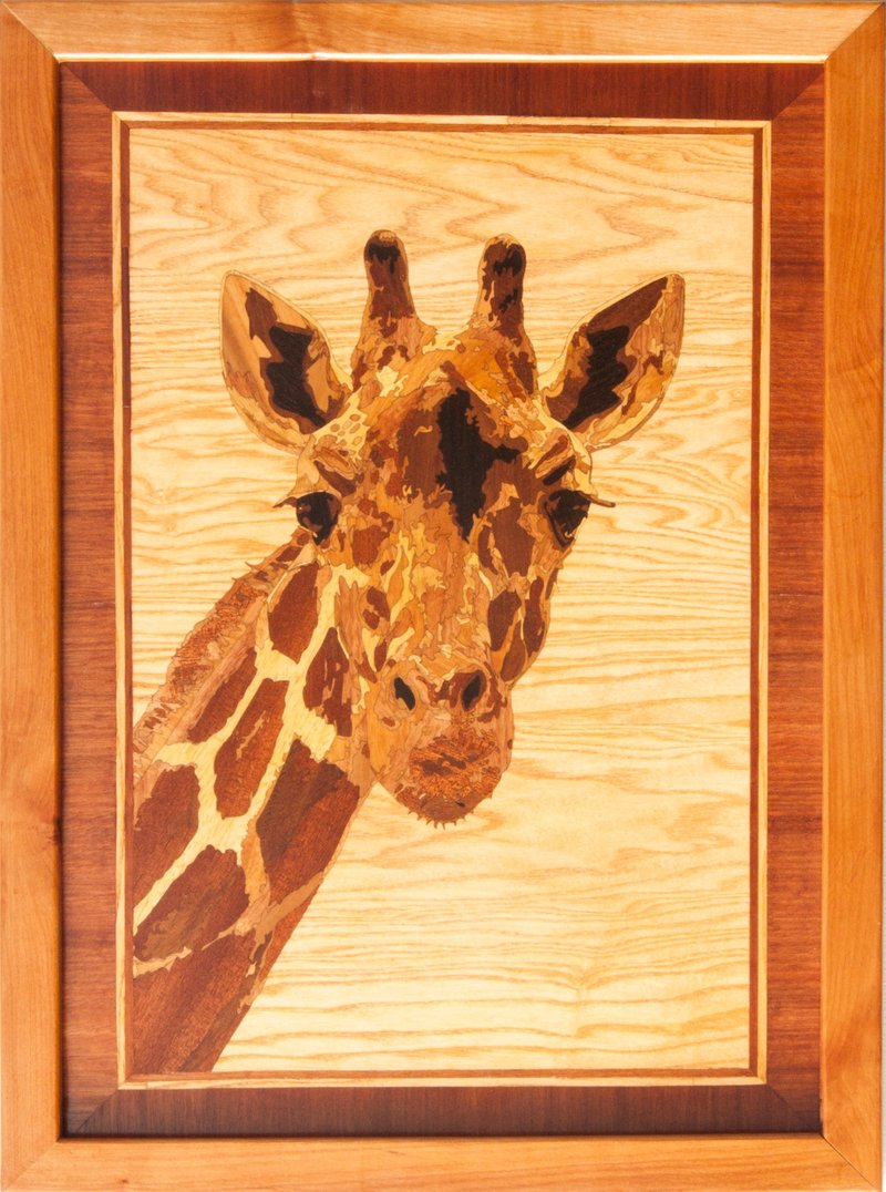 Giraffe wildlife wood mosaic africa wild nature eco gift inlay framed panel wall - 壁貼/牆壁裝飾 - 木頭 橘色
