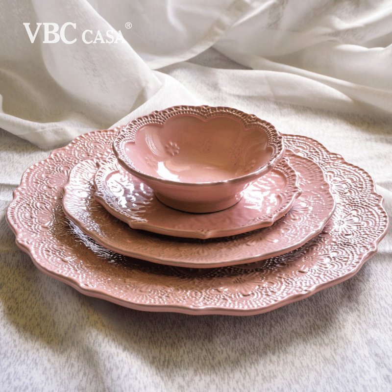 [Discount Set] Handmade embossed lace series single dinner bowls and plates 4-piece set (3 colors to choose from) - Plates & Trays - Pottery Multicolor