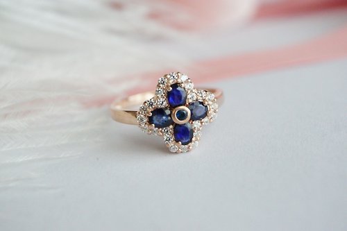 roseandmarry Natural Blue Sapphire Flower Design Ring Silver 925