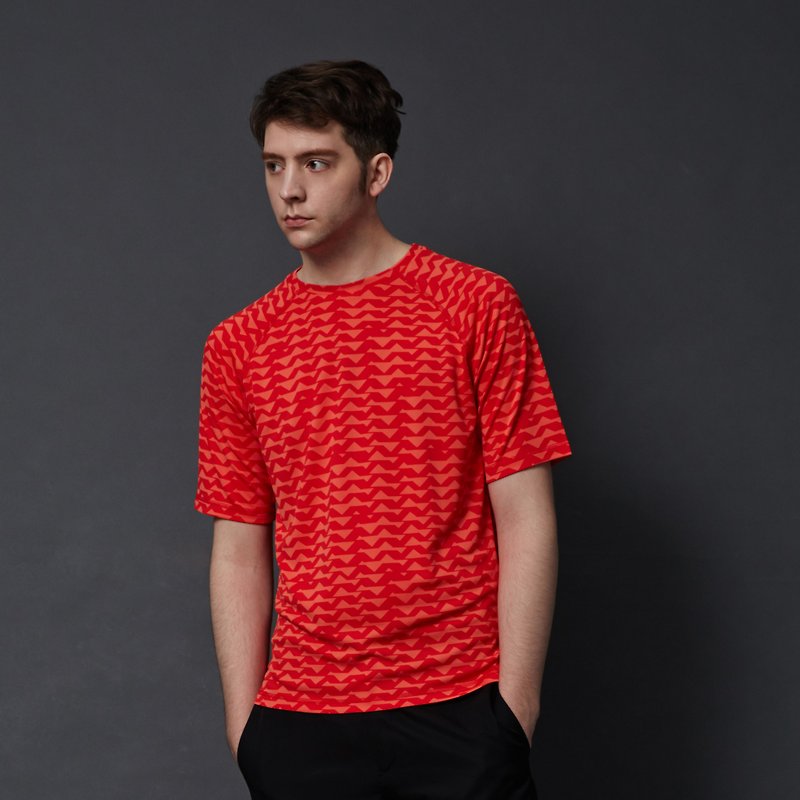 機能運動上衣 (橘色 / 鋸齒紋) - 男 T 恤 - 其他材質 紅色