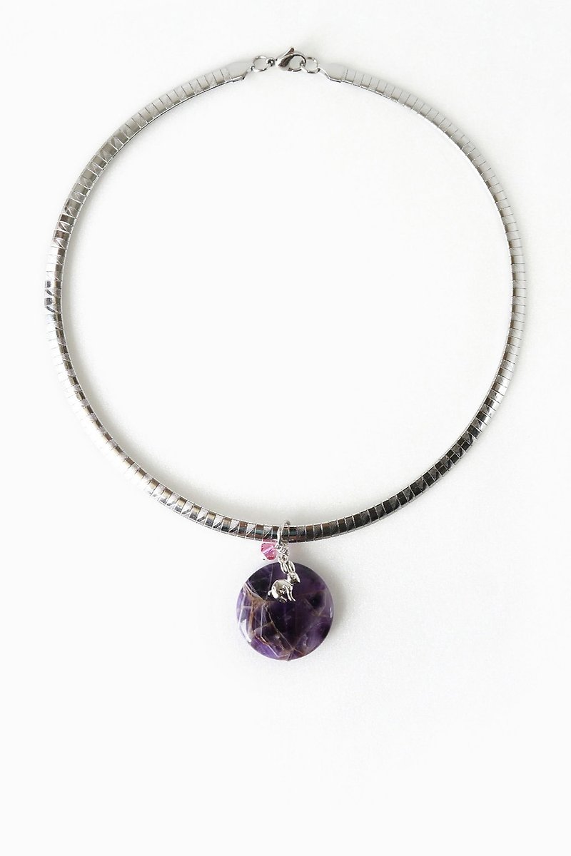 圓紫水晶墜子項鍊 挂在不鏽鋼鏈條 // 2月生日石 // Earlthyst - 項鍊 - 半寶石 紫色