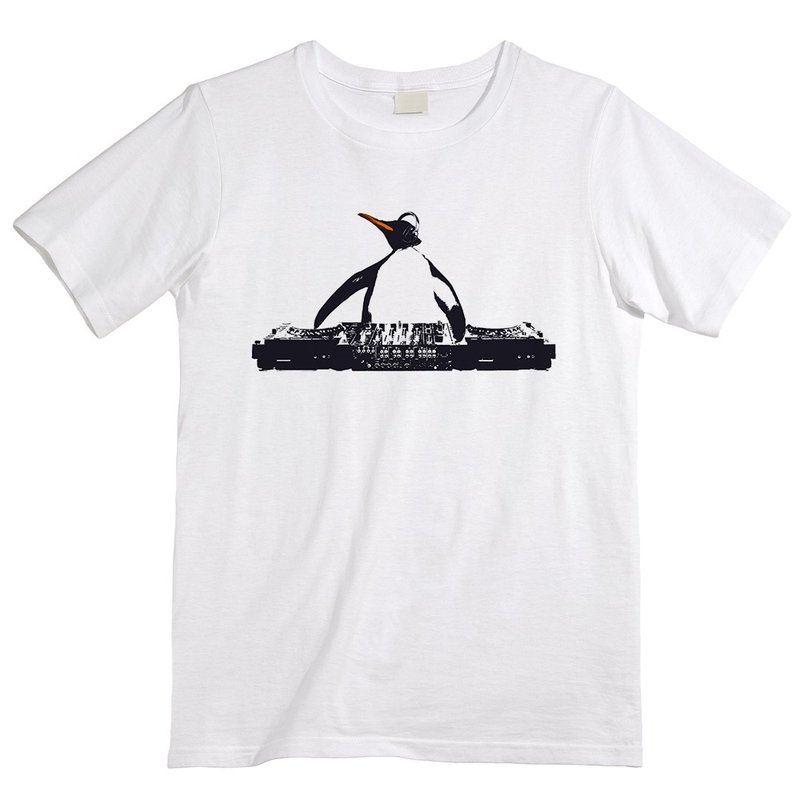 T-shirt / DJ penguin - เสื้อยืดผู้ชาย - ผ้าฝ้าย/ผ้าลินิน ขาว