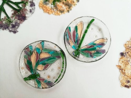 VitrasoleGlass Set of 2 small decorative plates with dragonfly - Fused glass bowl