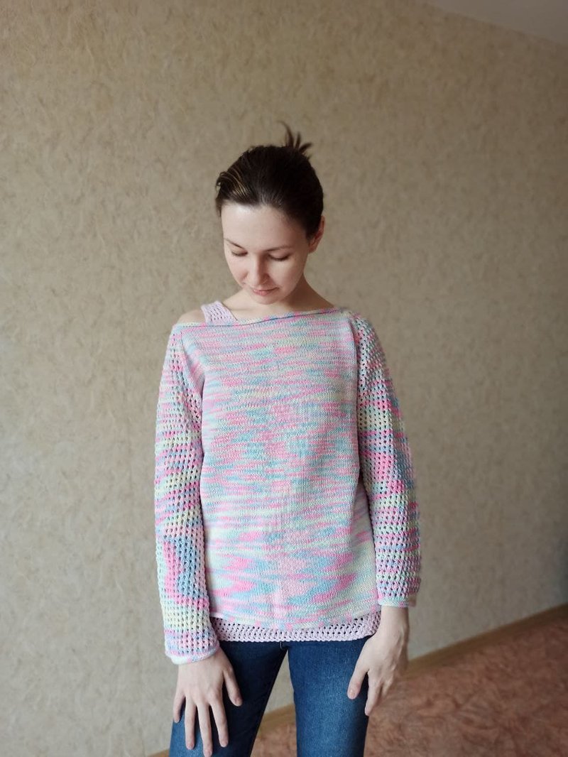 Sweater Jumper Cardigan jacket Iridescent hand-knitted cotton - Women's Sweaters - Cotton & Hemp Multicolor