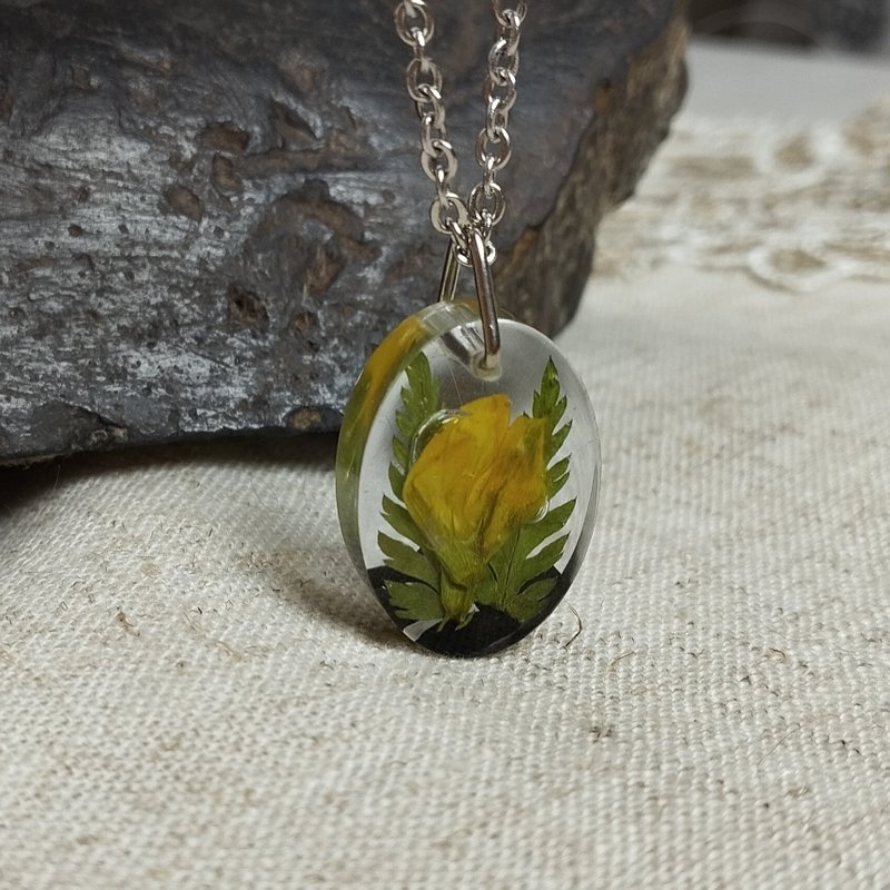 Caragana flowers pendant handmade. Clear resin pendant on stainless steel chain - สร้อยคอ - เรซิน สีเหลือง