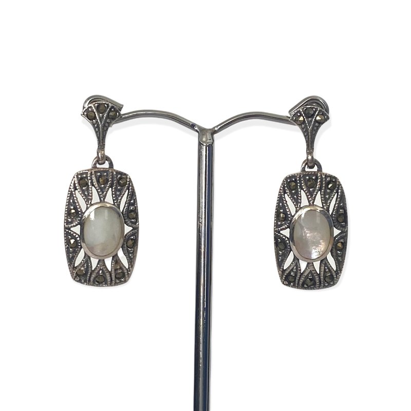 Art Deco Style Square Drop Earrings /  Set Mother of Pearl 925 Sterling Silver - 耳環/耳夾/耳骨夾 - 純銀 白色